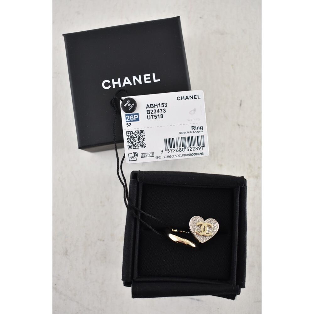 Chanel 26P Silver Gold Crystal Heart CC Logo Spiral Metal Fashion Finger Ring 52 - Picture 2 of 16